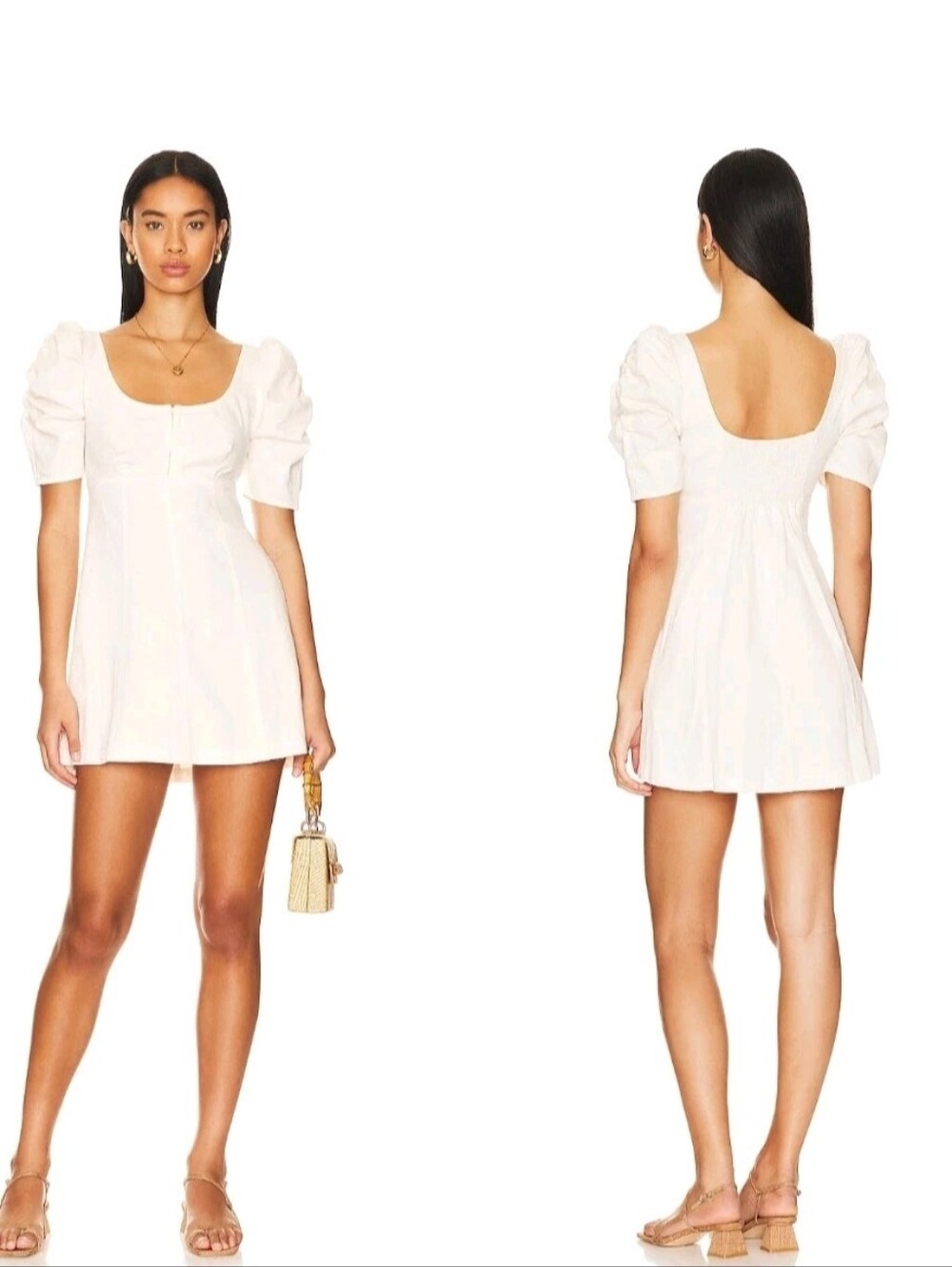 Free People Cheyenne Ivory Denim Mini Dress Medium M Cottagecore Western Puff